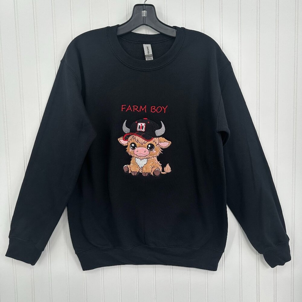 Highland Cow Sweatshirt Case IH Farm Boy Embroidered Unisex Crewneck